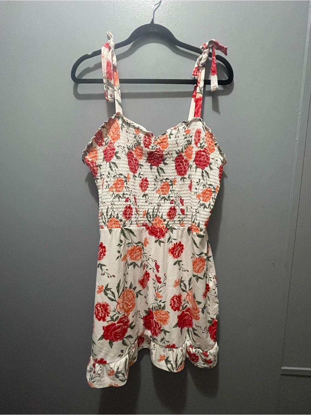 Floral Tie-Shoulder Woman’s One-Piece Dress - White with Red & Orange Flowers